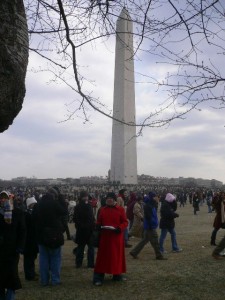 Gaylene (in the red coat) at the Washington Monument, photo taken on 15 January 2009, President Obama's inauguration day.