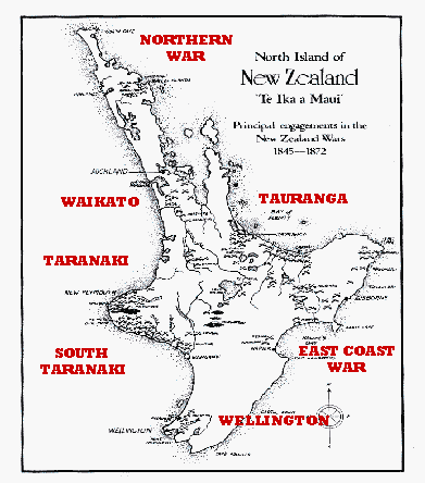 Map of New Zealand Wars major campaigns, from Tim Ryan and Bill Parham, ;The Colonial New Zealand Wars'. Grantham House, Auckland, 1986, p. 220.