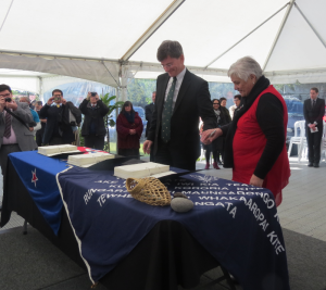 The Minister of Treaty Negotiations, Hon Chris Finlayson, and the Associate Minister of Treaty Settlements, Hon Tariana Turia, sign the Te Ātiawa Deed of Settlement. at Rangiatea, New Plymouth, on 9 August 2014.