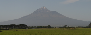 Mount Taranaki, looking across land confiscated in the 1860s.