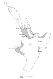 Map showing the areas of Māori land confiscated after 1863.