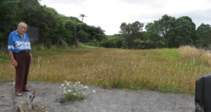 Rangikotuku at Parihaka, early 2015, standing by the now-vacant area where Te Whiti O Rongomai's house once stood. 